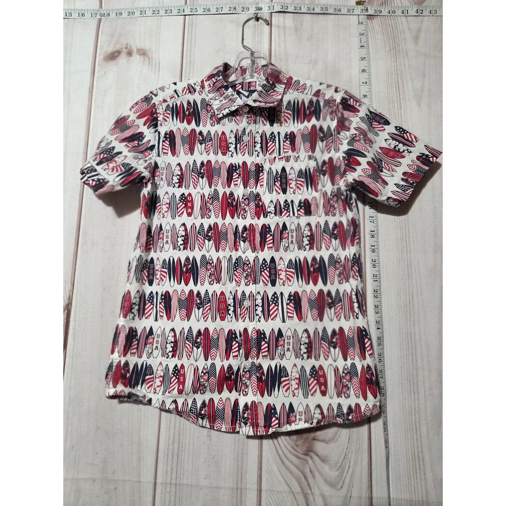 The Childrens Place Boys 10-12 Short Sleeve‎ Button Up Shirt Surfboard Print